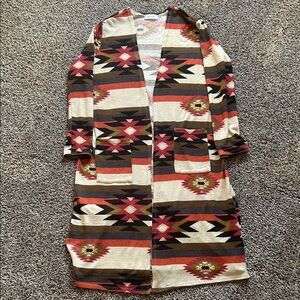 L Tribal Print Open Front Cardigan Coatigan - Multi
